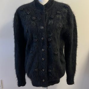 Black Soft Embroidered Roses beaded with fancy buttons Women’s Sweater Size L/XL